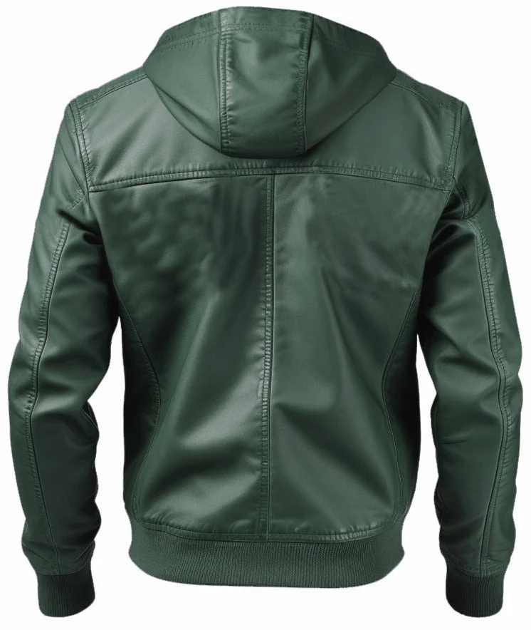 Men Faux Leather Jacket with Hood Green