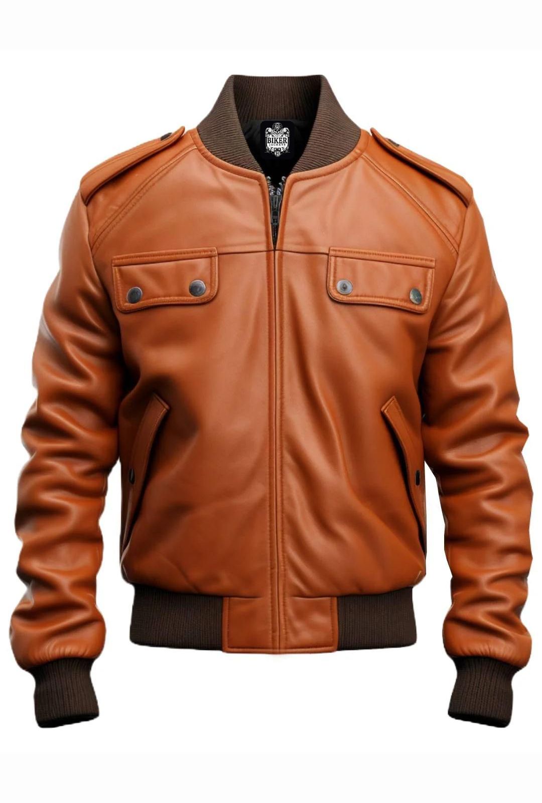 Men Strap Pocket Bomber Leather Jacket