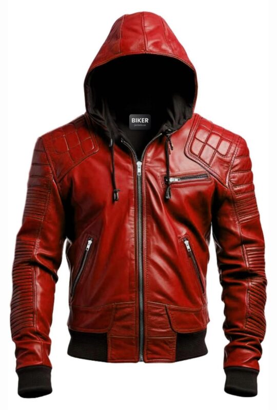 Men Stylish Red Hooded Leather Jacket