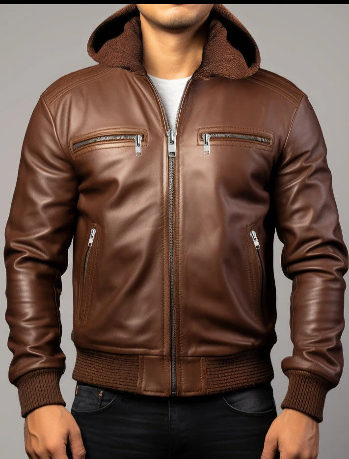 Michael Clark Brown Leather Hooded Jacket