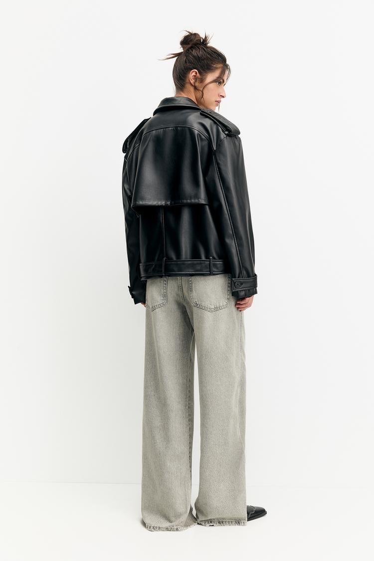 Pull And Bear Faux Leather Biker Jacket In Black