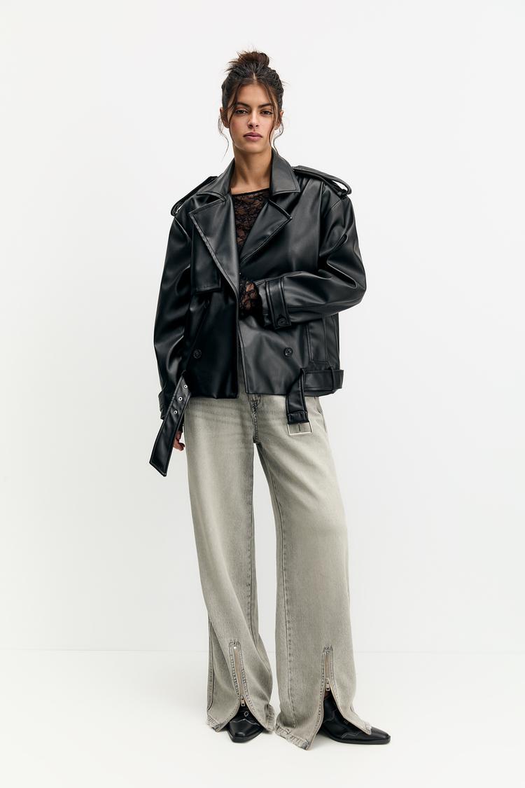 Pull And Bear Faux Leather Biker Jacket In Black