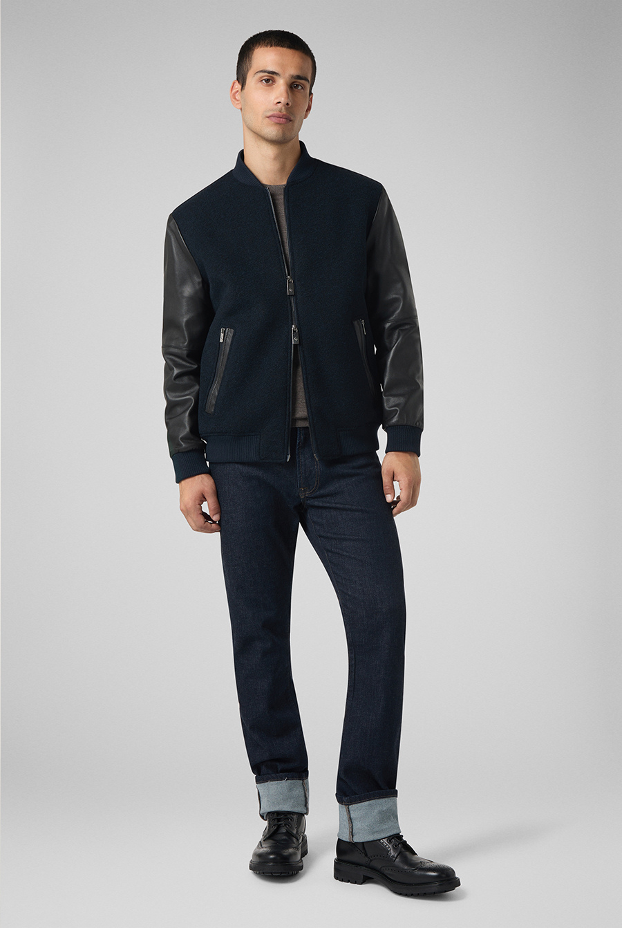 Wool Varsity Jacket With Leather Sleeves