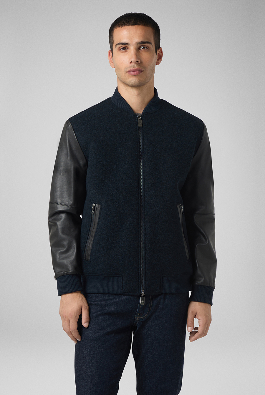 Wool Varsity Jacket With Leather Sleeves